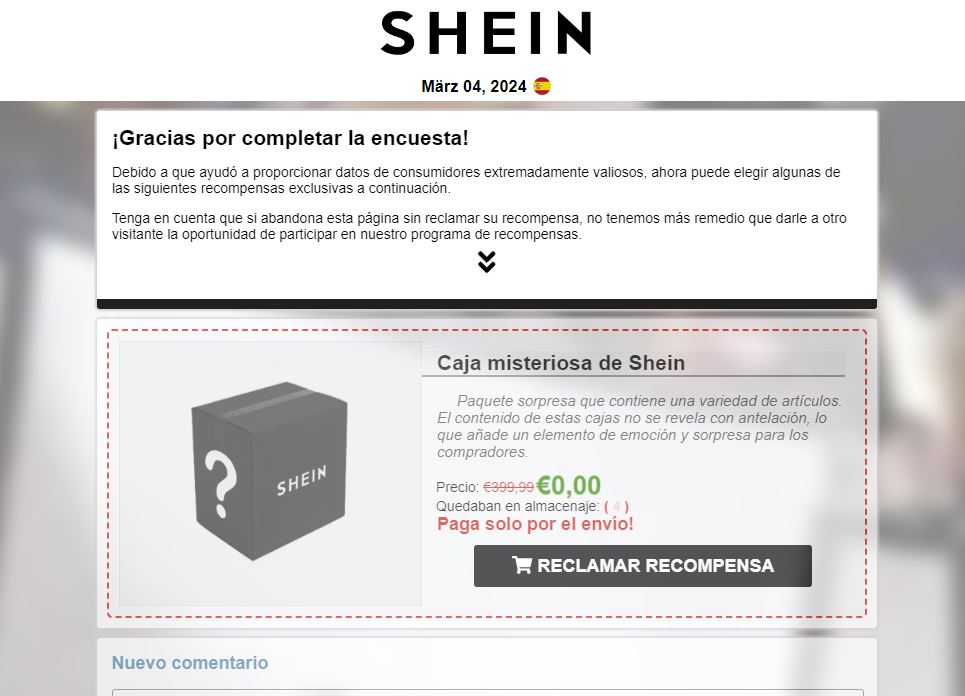 imagen que muestra el fraude del email que se hace pasar por Shein