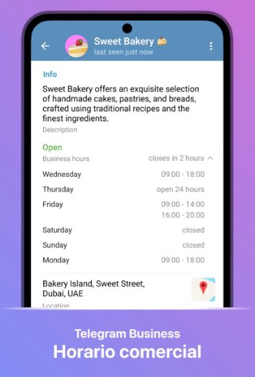 Horarios del negocio en Telegram Business