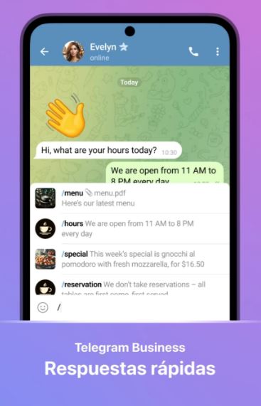 Posibilidad de acceder a diversas respuestas rápidas en Telegram Business