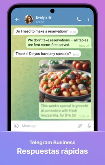 Ejemplo de respuesta rápida en Telegram Business