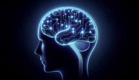 Imagen digital minimalista que ilustra la tecnología de implantes cerebrales con un cerebro delineado en azul neón y electrodos brillantes sobre fondo oscuro. Representa avanzadas interfaces cerebro-computadora, destacando un diseño moderno y científico