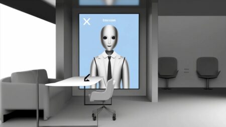 una oficina moderna y estilizada con una pantalla digital grande donde aparece un entrevistador virtual AI llamado Alex, representado como un avatar abstracto y amigable. El diseño futurista y los tonos monocromáticos con acentos en azul destacan la tecnología avanzada involucrada en el proceso de selección
