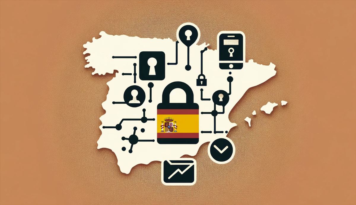 Una imagen minimalista que representa las preocupaciones de privacidad en España relacionadas con la recolección de datos de Meta. La imagen muestra símbolos como un candado, un mapa de España y los logotipos de Facebook e Instagram, con líneas simples y una paleta de colores apagados para resaltar la seriedad del problema.