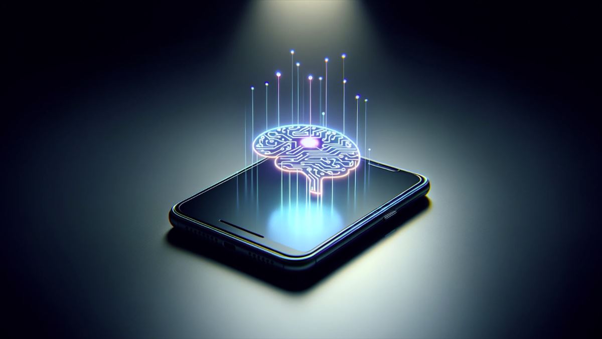 Un teléfono inteligente moderno y estilizado sobre una superficie limpia, con un sutil resplandor que simboliza su capacidad de procesamiento. La pantalla del teléfono muestra un gráfico simplista de un cerebro en colores neón suaves, representando las capacidades de IA, en un ambiente futurista pero sobrio.