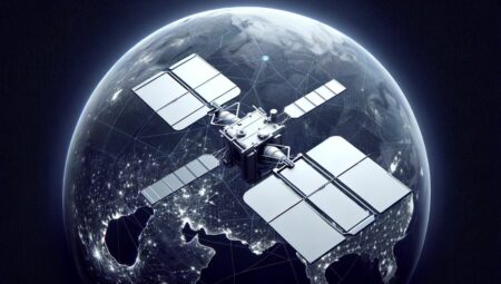 Esta ilustración digital minimalista muestra un satélite futurista con dos antenas, orbitando la Tierra y capturando datos para el mapeo tridimensional. El diseño moderno y geométrico del satélite destaca contra el fondo del espacio, mientras que la Tierra visible abajo resalta áreas urbanas y forestales. La imagen refleja la precisión y la tecnología avanzada en la monitorización ambiental y la planificación urbana.