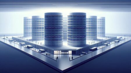 Imagen minimalista de un centro de datos moderno en la región de Aragón, España. Representa la inversión de 15,7 mil millones de euros por parte de Amazon en centros de datos, que generará 17,500 empleos indirectos y contribuirá significativamente al PIB de España. La imagen utiliza tonos fríos y líneas limpias para transmitir el avance tecnológico y la eficiencia energética de las instalaciones.