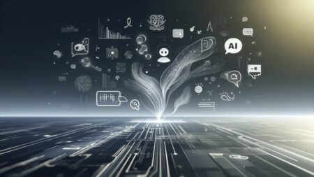 Una imagen minimalista que muestra un gran espacio de trabajo digital con íconos abstractos de datos de chat de IA flotando sobre una superficie digital. El fondo es moderno y elegante, con códigos y flujos de datos sutiles. Los logotipos de PwC y ChatGPT se integran discretamente en el diseño, representando la colaboración entre ambas empresas para impulsar la transformación digital mediante la inteligencia artificial.