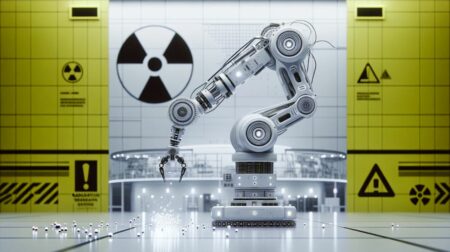 Imagen minimalista de un robot de alta tecnología con brazos mecánicos, recogiendo delicadamente pequeños escombros en un entorno de reactor nuclear. El fondo es una representación abstracta del interior de una planta nuclear, con señales de advertencia de radiación y elementos industriales. El robot luce moderno y sofisticado, destacando precisión y seguridad.