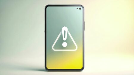 Una imagen minimalista que muestra un teléfono Android moderno con un símbolo de advertencia (signo de exclamación) sobre él.