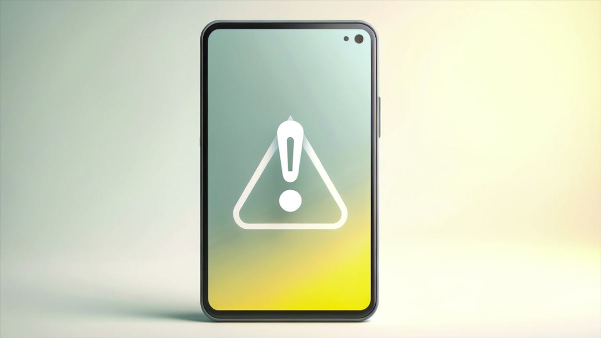 Una imagen minimalista que muestra un teléfono Android moderno con un símbolo de advertencia (signo de exclamación) sobre él.