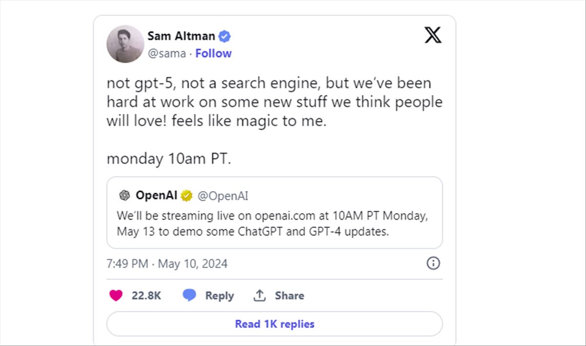 Sam Altman desmiente rumores; no habrá buscador de ChatGPT, ni GPT-5, este próximo lunes