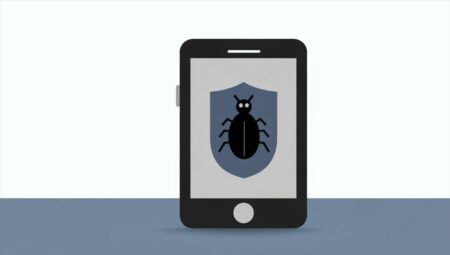 Una ilustración minimalista de un teléfono inteligente con un ícono de spyware (como un insecto) sobre él, representando la vigilancia digital. Fondo en color claro y neutro, diseño simple y limpio. Ideal para representar temas de ciberseguridad y espionaje digital en artículos y publicaciones.