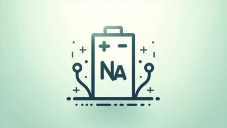 Una ilustración minimalista que representa la innovación en las baterías de iones de sodio. La imagen presenta un ícono de batería simple con el símbolo de sodio (Na) y electrodos estilizados. El fondo es limpio con degradados suaves de azul y verde, simbolizando sostenibilidad y energía. El diseño es moderno y elegante, enfocado en la claridad y la simplicidad.
