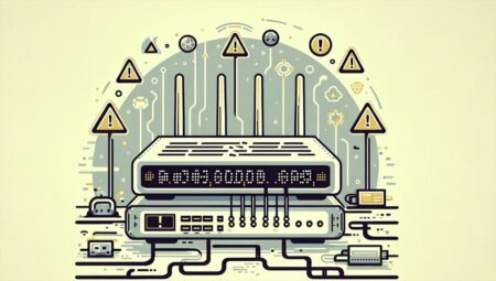 Esta ilustración minimalista muestra un router roto en el centro, rodeado de símbolos digitales y signos de advertencia. El fondo es simple y en colores neutros, resaltando el impacto visual del router inhabilitado
