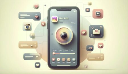 Imagen minimalista de un teléfono móvil con la aplicación de Instagram abierta, mostrando la función de "trial reels". Alrededor de la pantalla hay iconos que representan vistas, likes, comentarios y compartidos, sobre un fondo de colores pastel.