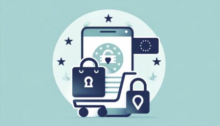 Una imagen minimalista que ilustra el concepto de seguridad digital y regulación para la aplicación de compras china Temu en la Unión Europea. La imagen presenta iconos simples como un carrito de compras, un candado y un mapa de Europa, representando la normativa de la UE y la protección del consumidor en el comercio electrónico.