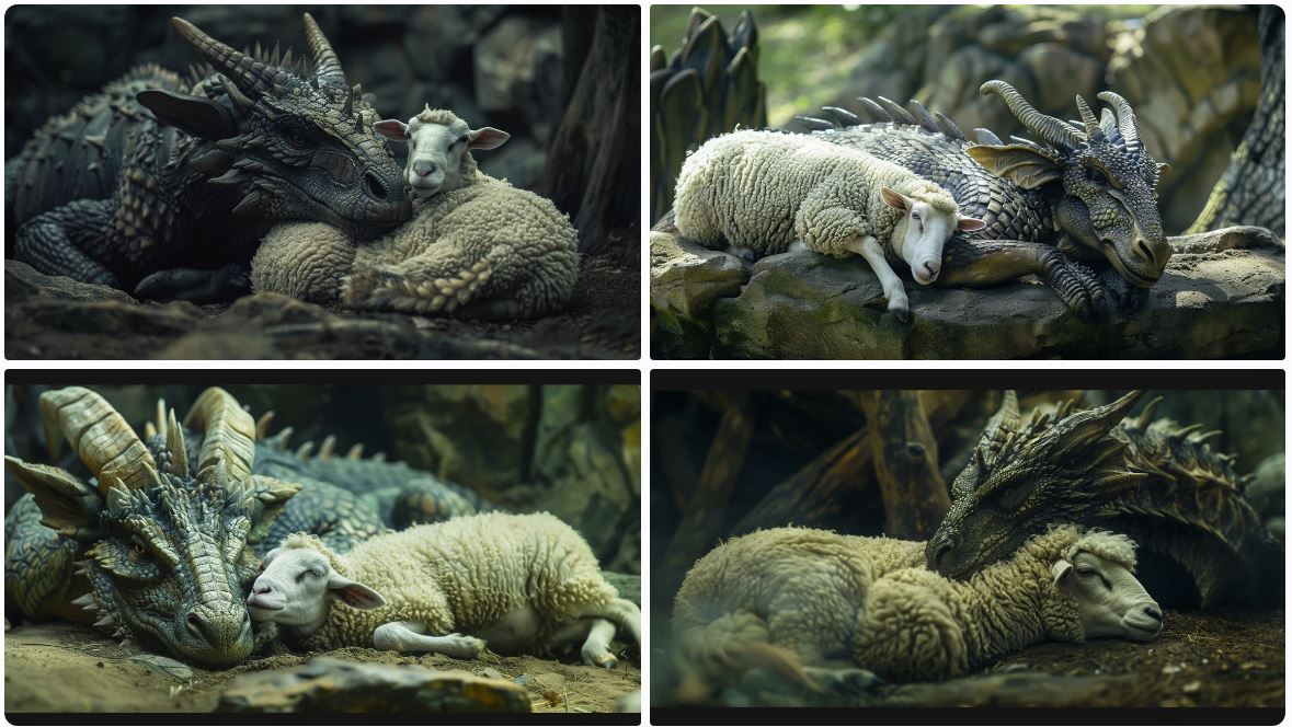 Retrato fotográfico de un dragón real descansando pacíficamente en un zoológico, acurrucado junto a su oveja mascota. Escena cinematográfica, foto DSLR de alta calidad.