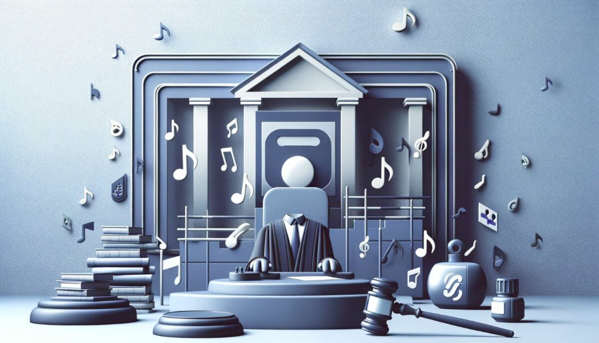 Ilustración digital minimalista que simboliza una batalla legal entre un servicio de streaming de música y los creadores de contenido musical.