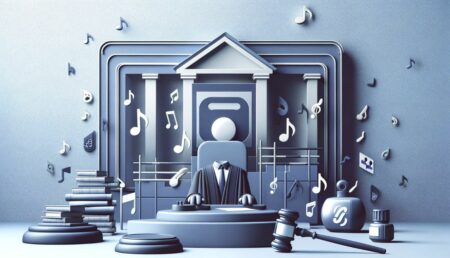 Ilustración digital minimalista que simboliza una batalla legal entre un servicio de streaming de música y los creadores de contenido musical.