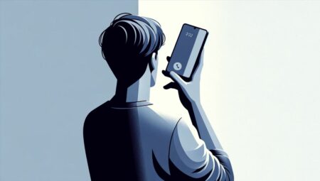 una persona de espaldas mientras sostiene un teléfono inteligente contemporáneo en un entorno hogareño simplificado. La paleta de colores fríos y los detalles minimalistas enfatizan una atmósfera de alerta y cautela ante las llamadas desconocidas, reflejando la importancia de la seguridad telefónica en la era moderna.