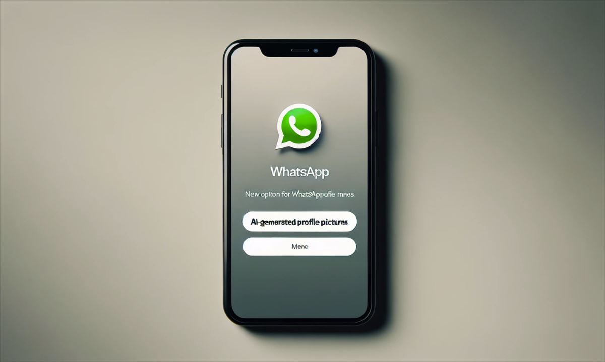 Imagen minimalista que muestra una pantalla de teléfono móvil con WhatsApp abierto. En la pantalla, se destaca una nueva opción para generar fotos de perfil con inteligencia artificial. El fondo es simple, centrándose en el teléfono y la interfaz de WhatsApp.