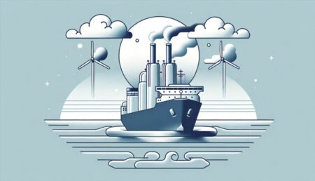 Ilustración minimalista de un barco de carga con un dispositivo de captura de carbono inspirado en el océano. La imagen muestra los reactores innovadores Ripple 1 y Ripple 2, destacando su capacidad para reducir las emisiones de CO2 de manera eficiente. El fondo incluye ondas que simbolizan el proceso natural de absorción de carbono del océano, con una paleta de colores en tonos de azul y blanco para representar el entorno marino y la tecnología limpia.