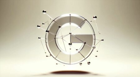 Revelación de documentos internos que desvelan el funcionamiento del algoritmo de búsqueda de Google. Esta imagen minimalista muestra una representación abstracta de un algoritmo de búsqueda, con nodos y líneas interconectadas simbolizando conexiones de datos, y un sutil logo de Google en el fondo.