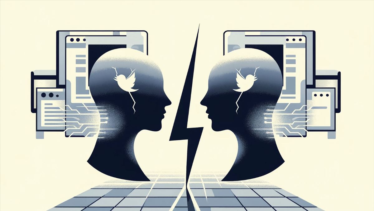 Una imagen minimalista que representa el conflicto interno en OpenAI. La imagen muestra dos figuras humanas abstractas enfrentándose con un rayo entre ellas, simbolizando el conflicto. En el fondo, hay una representación sutil del logo de Twitter y una pantalla de computadora con código, representando el contexto tecnológico. La paleta de colores es en tonos apagados de azul y gris.
