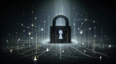 Imagen minimalista representando ciberataques. Fondo oscuro con líneas abstractas formando una red. Un ícono de candado roto en el centro simboliza la brecha de seguridad, con pequeños íconos de personas y datos fluyendo, indicando la filtración de información personal.