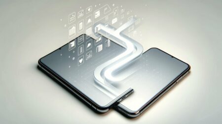 imagen minimalista y moderna que ilustra el proceso de transferencia de datos entre dos smartphones