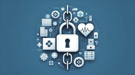 imagen moderna y minimalista que representa un ataque de ransomware a los hospitales. Utiliza elementos abstractos para simbolizar los hospitales y una cerradura digital o cadenas que indican la brecha de seguridad cibernética.