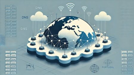 Aquí tienes una ilustración moderna y minimalista sobre el tema del bloqueo de servicios DNS en Francia y Portugal. Espero que te resulte útil.