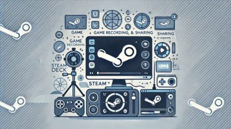 ilustración moderna y minimalista sobre la grabación, edición y compartición de juegos en Steam