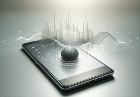 Una imagen minimalista muestra un smartphone moderno con ondas sonoras emanando en diferentes direcciones, simbolizando la tecnología de audio espacial en 3D. El fondo es simple y limpio, con gradientes sutiles, enfocándose en el teléfono y las ondas sonoras, representando el nuevo avance en llamadas de audio.