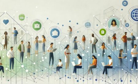 Una imagen minimalista que muestra un grupo diverso de personas conectadas por líneas y puntos digitales, simbolizando una vibrante comunidad en línea. El fondo es limpio y blanco, con suaves acentos en azul y verde que representan la conectividad digital y el sentido de pertenencia. Cada persona está comprometida en diferentes actividades como chatear, compartir y colaborar, ilustrando las dinámicas interacciones dentro de la comunidad. El título en tipografía moderna y elegante dice 'Construyendo Comunidades en la Era Digital'.