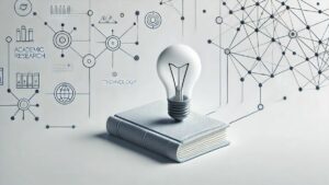 Una imagen minimalista que representa la investigación académica y la tecnología, con un diseño limpio que incluye un libro, un símbolo de bombilla que simboliza la innovación y una red de nodos conectados que representan la tecnología y la colaboración. Fondo blanco con acentos sutiles en azul claro.