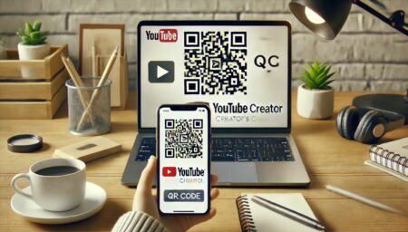 Una imagen fotorealista muestra el espacio de trabajo de un creador de YouTube moderno, con una laptop que exhibe la nueva función de generación de códigos QR de YouTube en la pantalla. Un smartphone escanea el código QR desde la pantalla de la laptop. El entorno de trabajo es limpio y organizado, con iluminación suave, e incluye elementos como una taza de café, un bloc de notas y decoraciones con plantas.