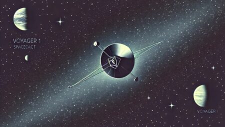 Ilustración minimalista de la sonda Voyager 1 flotando en el vasto espacio interestelar, con estrellas de fondo. La imagen transmite la soledad y la inmensidad del espacio, con la nave espacial como un pequeño elemento detallado.