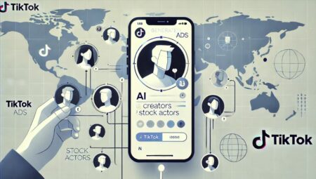 avatares generados por inteligencia artificial en anuncios de TikTok. Un smartphone en pantalla presenta avatares digitales de creadores y actores de stock. El fondo es simple y moderno, con sutiles indicios de un mapa global para representar el alcance mundial. La ilustración utiliza líneas elegantes y una paleta de colores limitada con tonos de azul y blanco.
