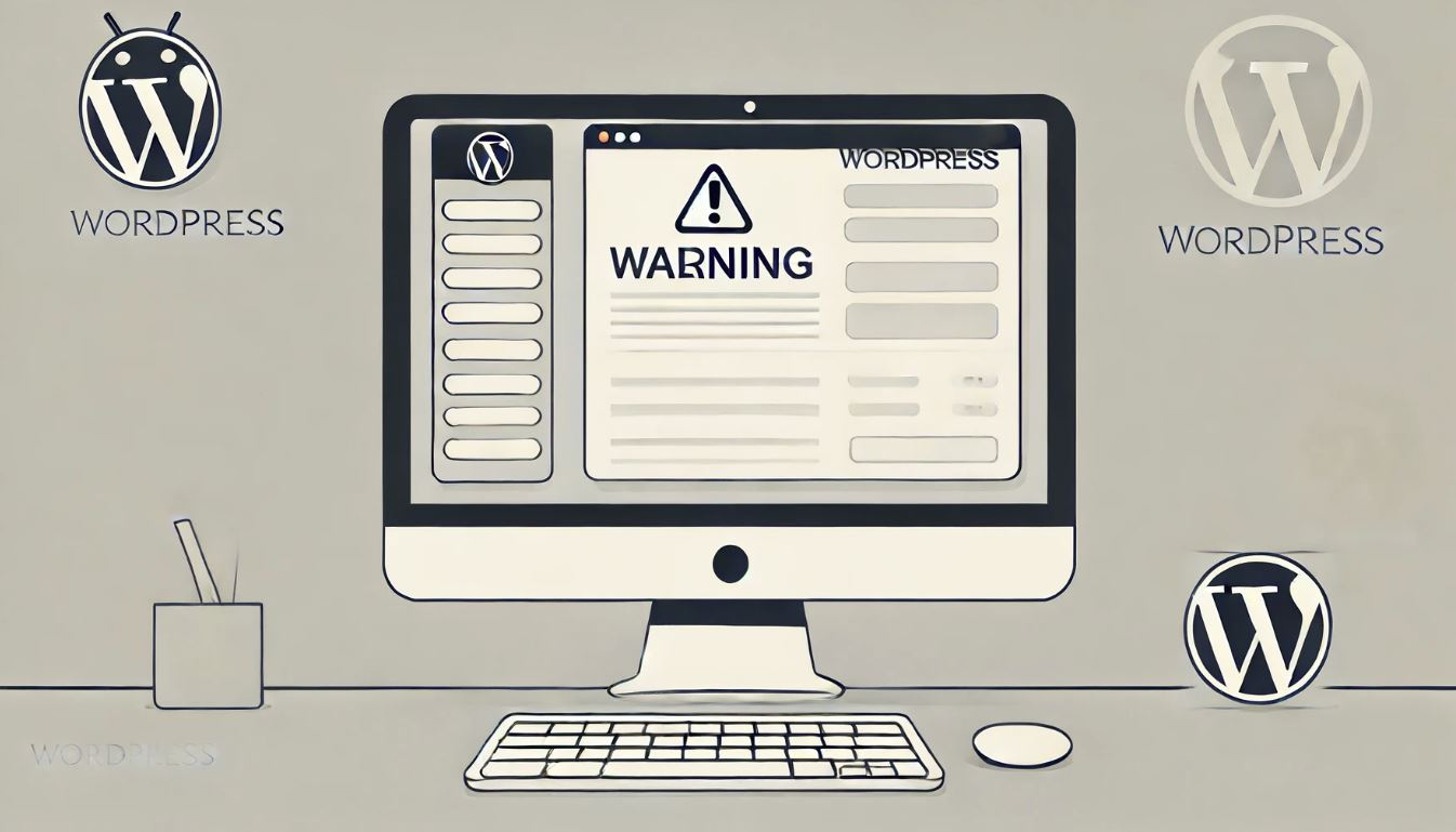 Una ilustración minimalista que muestra una pantalla de ordenador con el panel de control de WordPress y un signo de advertencia (signo de exclamación) indicando una vulnerabilidad de seguridad. El fondo es simple, con líneas limpias y colores neutros, destacando la importancia de la seguridad en sitios web construidos con WordPress.