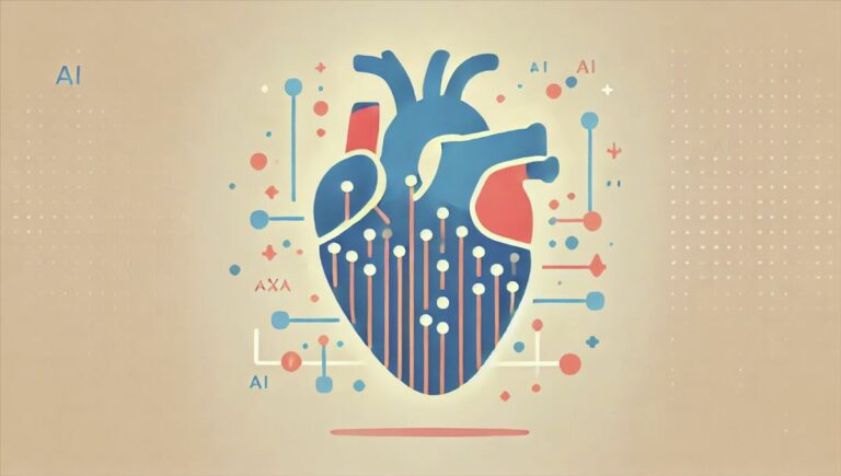 Una ilustración minimalista de un corazón con patrones de circuitos digitales que simbolizan la tecnología de inteligencia artificial. El fondo es simple con colores suaves, destacando el concepto de IA en el cuidado de la salud y la predicción de ataques cardíacos.