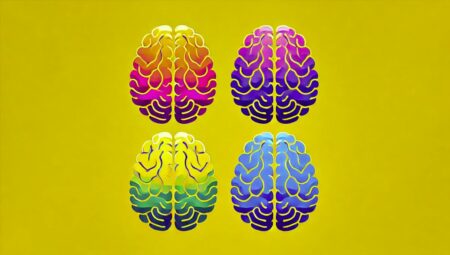 Imagen minimalista mostrando seis escáneres cerebrales coloridos sobre un fondo amarillo. Representa los seis tipos distintos de depresión y ansiedad identificados por un estudio reciente. Ideal para artículos sobre salud mental, psiquiatría de precisión y tratamientos personalizados.