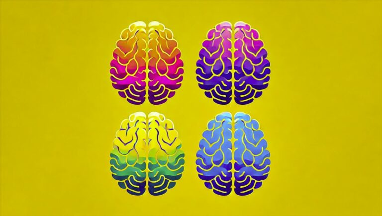 Imagen minimalista mostrando seis escáneres cerebrales coloridos sobre un fondo amarillo. Representa los seis tipos distintos de depresión y ansiedad identificados por un estudio reciente. Ideal para artículos sobre salud mental, psiquiatría de precisión y tratamientos personalizados.