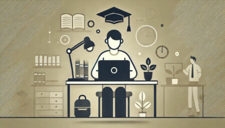 Imagen minimalista que muestra a una persona estudiando en un espacio de trabajo moderno y tranquilo, utilizando una computadora portátil. El fondo es simple, con colores suaves, destacando los materiales de aprendizaje. Un icono sutil de educación, como un gorro de graduación, está integrado en el diseño para enfatizar el tema de la formación y el incentivo económico del SEPE.