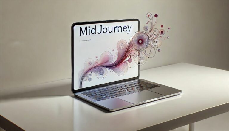 Imagen minimalista que muestra un laptop moderno con el logo de Midjourney en la pantalla, destacando su influencia en la generación de imágenes y videos con inteligencia artificial. Ideal para contenido sobre tecnología y AI.