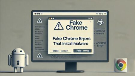 Una imagen minimalista en formato 16:9 que muestra un mensaje de advertencia en la pantalla de una computadora sobre errores falsos de Chrome diseñados para instalar malware. La imagen utiliza colores suaves y un diseño sencillo para resaltar la importancia de la alerta sin distracciones.
