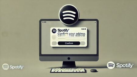Una imagen minimalista en formato 16:9 que muestra una pantalla de computadora con el logo de Spotify y una notificación de correo electrónico de advertencia. La notificación incluye una solicitud para que el usuario confirme su dirección. El fondo es simple y limpio con colores suaves, transmitiendo la nueva política de Spotify para verificar el uso adecuado de su Plan Familiar.