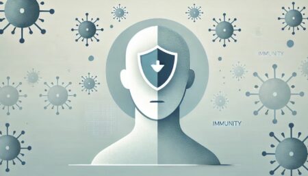 Este diseño minimalista representa la inmunidad natural al COVID-19, mostrando una silueta humana con un símbolo de escudo en la nariz. Los tonos azules y blancos evocan salud y protección, mientras que las formas abstractas del virus en el fondo subrayan el tema.