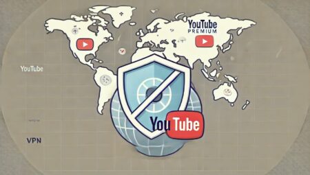 Imagen minimalista que muestra un icono de VPN frente a un mapa del mundo y el logo de YouTube Premium tachado, destacando la reciente acción de YouTube contra el uso de VPN para acceder a suscripciones a precios más bajos.