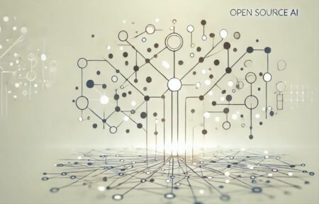 Imagen minimalista que representa el concepto de IA open source. Presenta una red neuronal abstracta con nodos interconectados y líneas, simbolizando transparencia y colaboración. El fondo es de un color claro, y el diseño general es limpio y moderno.